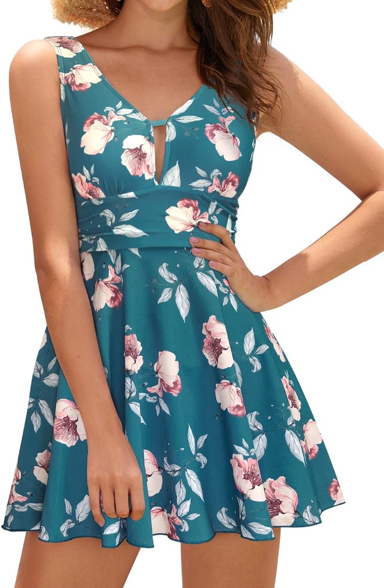 Dames Badpak Jurk V-hals retro Abdominale Controle Klassiek ruched Badmode Mode Eendelige Badjurk