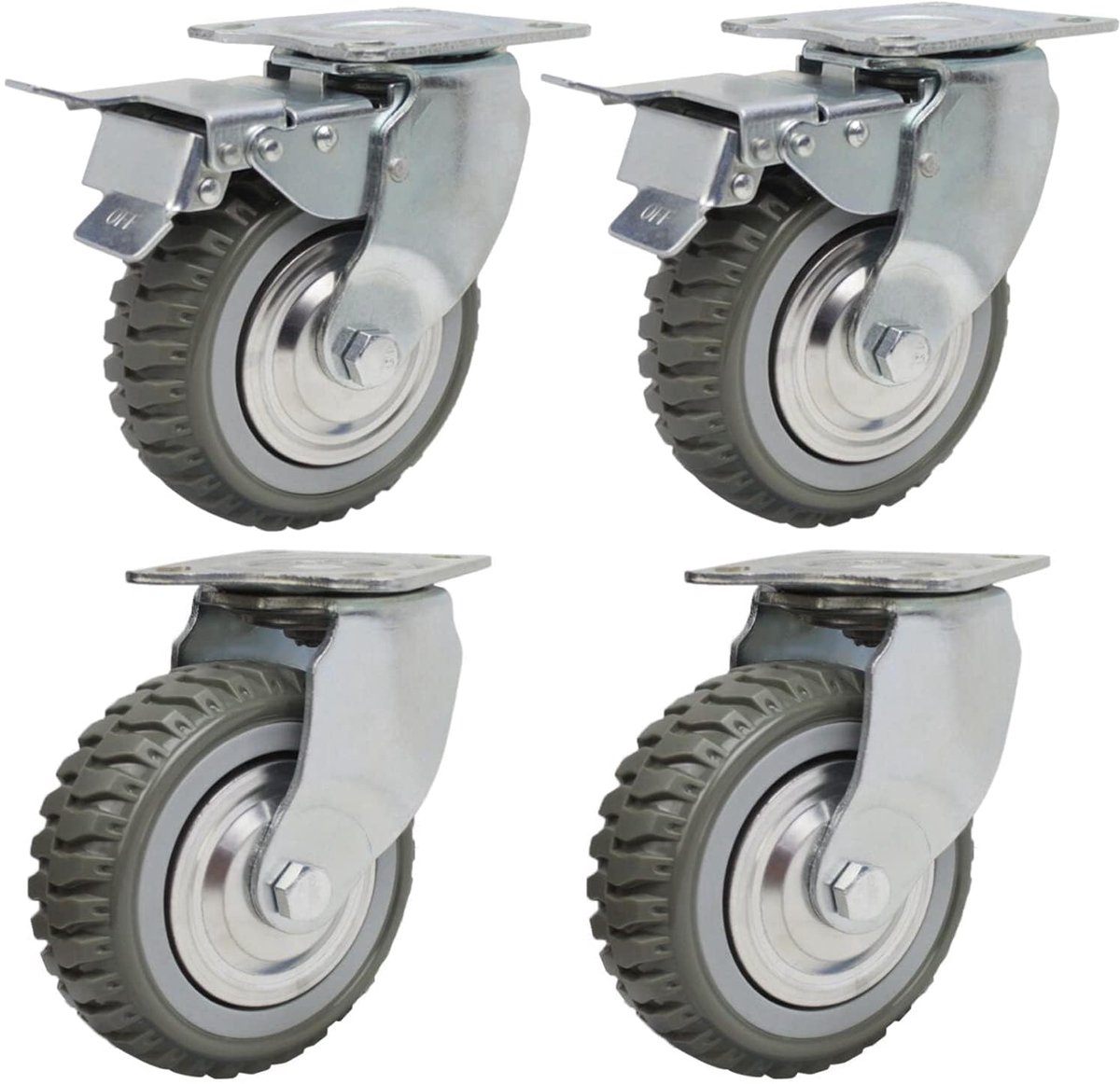 4 stuks zware wielen 150 mm zwenkwielen met rem, 360° draaibare transportwielen, massief rubberen wielen, draagkracht 1000 kg - (2 zwenkwielen, 2 remwielen)
