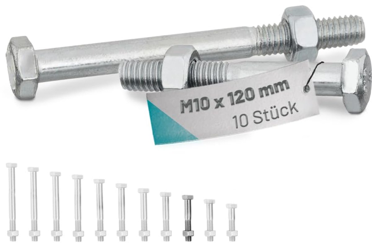 DIN 931 zeskantschroeven met schacht M10x120 + DIN935 zeskantmoer, 10 stuks | roestvrij staal A2 V2A, deeg, bevestiging voor U/H-paaldragers, machineschroeven met moer