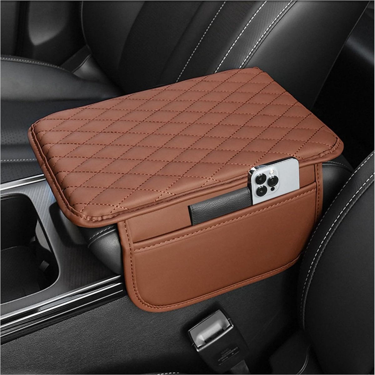 armleuninghoes voor auto, microvezel, leer, armleuning voor auto, kussen met 2 zakken, auto-armleuning, universeel accessoire voor auto, SUV, vrachtwagen (bruin)