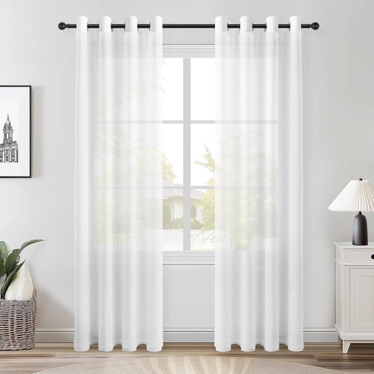 Gordijn, wit, 140 x 180 cm, met linneneffect, gordijnen, slaapkamer, binnengordijnen, halftransparant, voor decoratie, klein raam, keukengordijn, 2 stuks