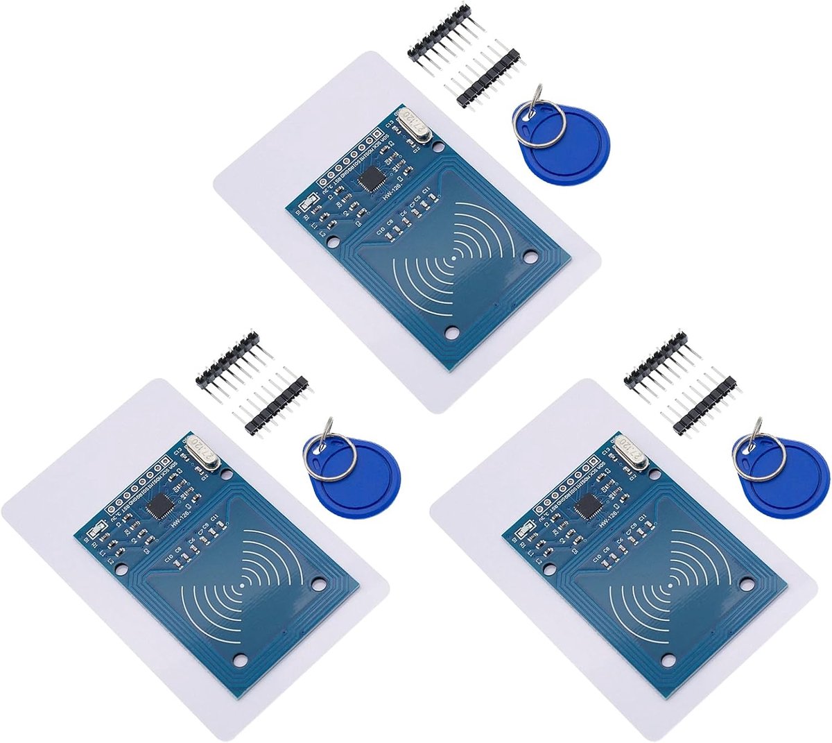 3 stuks RFID-kit, inductiemodule van de IC RFID-kaart, RFID-kit met 13,56 MHz met reader, chip en kaart, blauwe NFC-sleutelhanger, witte kaart, compatibel met Arduino en Rasp-Pi