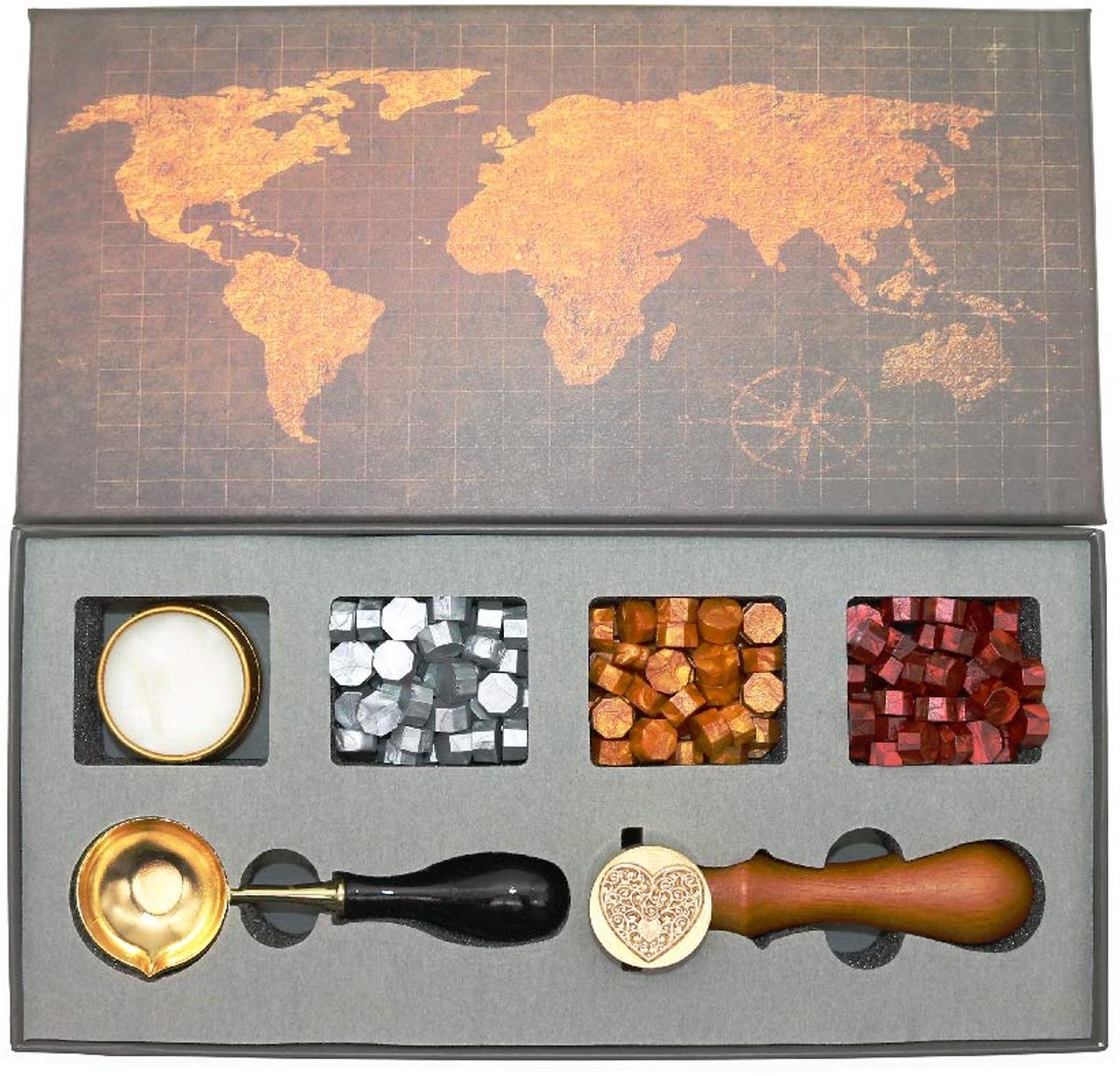 Seal Stempel Set, Wax Seal Kit met zegellak kralen, messing zegel stempel, smeltlepel, kaars, geschenkdoos set (liefde)