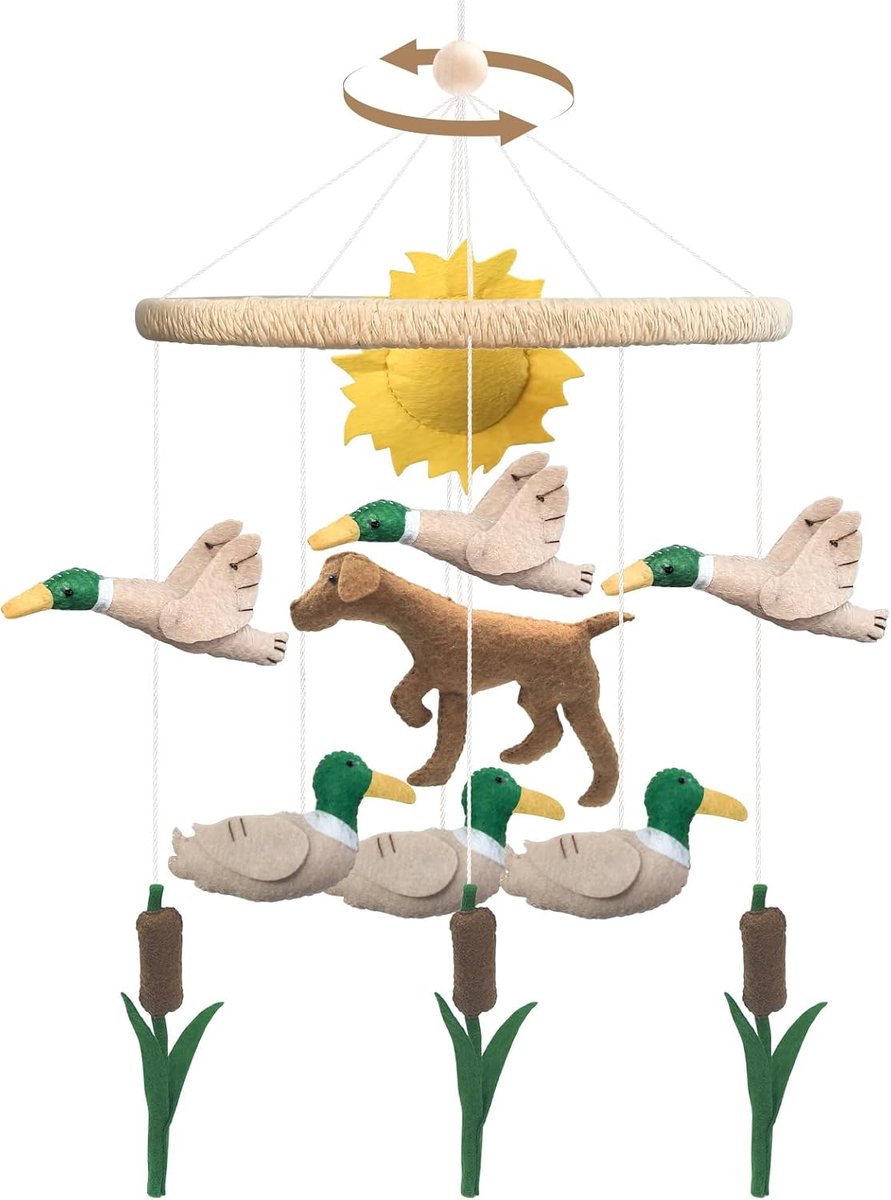 Mobiele baby, 3D-teckel hond, mobiel babybed van hout met vilt, riet, eend en zon, handgemaakte bedbel voor babybed, mobilebaby pasgeborenen, cadeau voor jongens en meisjes, diameter 23 cm, lengte 55