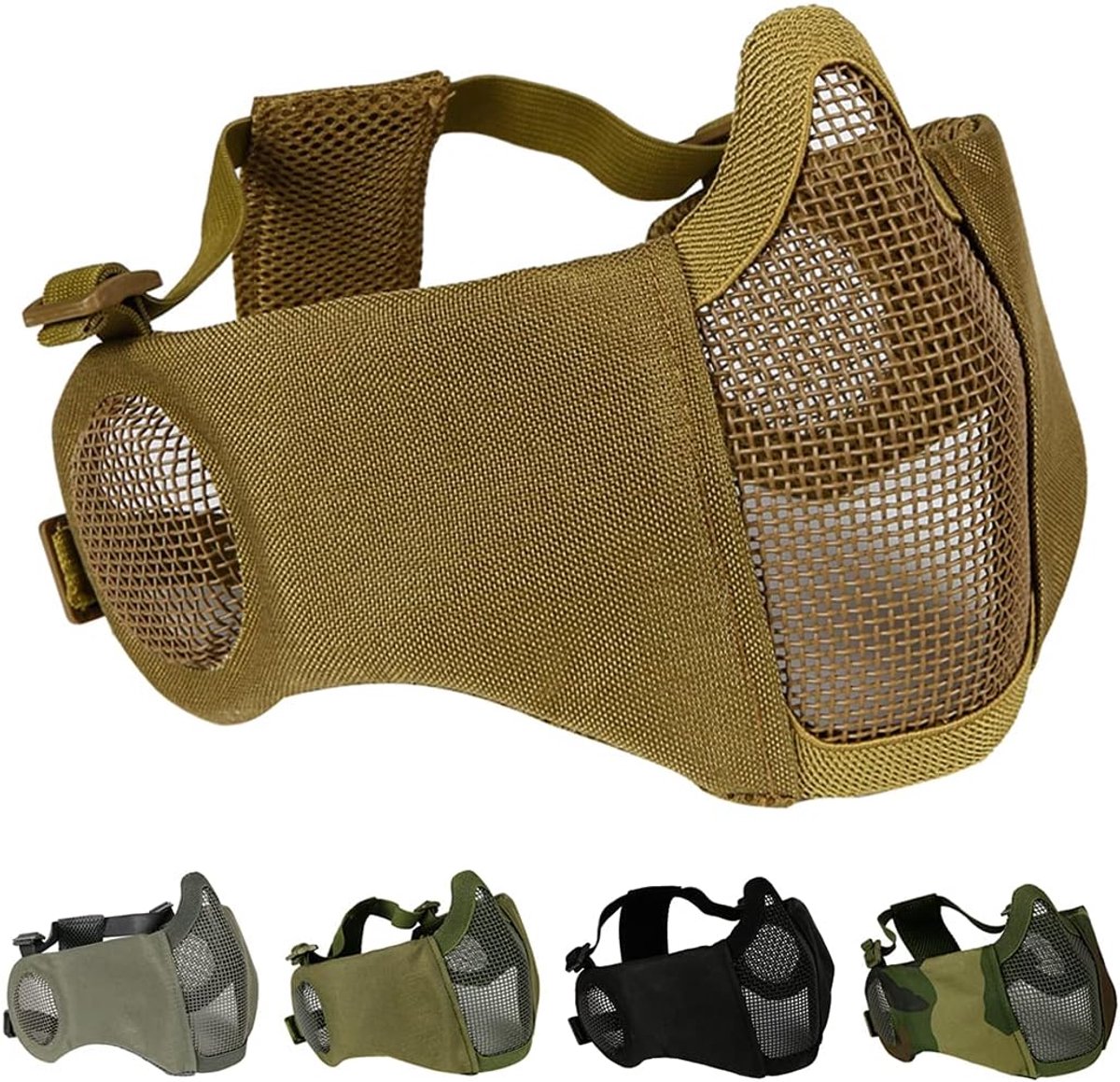 mesh-masker, halfgelaatsmasker met gehoorbescherming voor CS / jacht / paintball / schiet-TAN