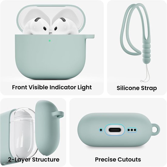 ORNARTO voor AirPods 4 hoes, vloeibare siliconen met lanyard - Mintgroen, voor AirPods 4e generatie, schokbestendige beschermhoes, Soft Skin Front LED zichtbaar — afbeelding 3