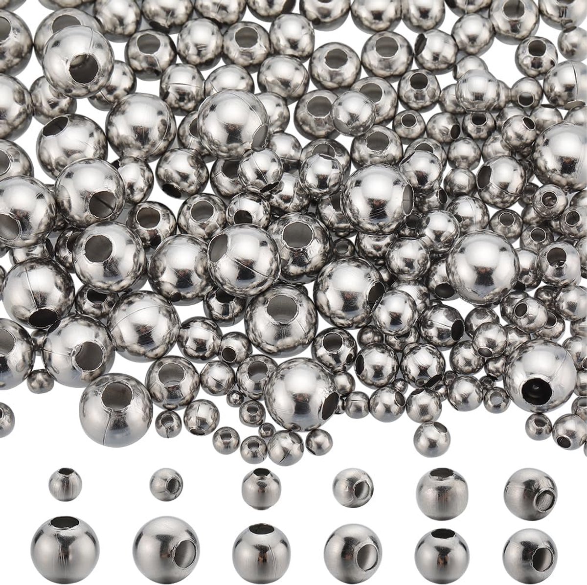 1 doos 500 stuks 6 maten roestvrijstalen kralen bulk ronde losse afstandskralen 2/3/4/5/6/8mm bal kraal kleine mini kleine rondelle krimp kraal metalen afstandhouders voor sieraden maken