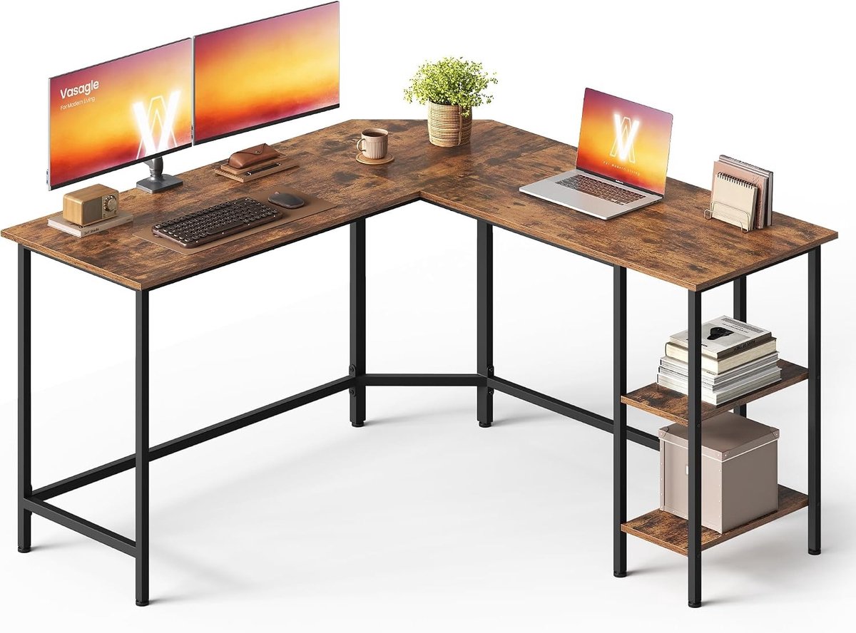 Hoekbureau L-vorm - Computerbureau met Opbergrekken - Industrieel Bureau met Groot Werkblad - Bureau voor Thuiswerk, Gaming en Kantoor - Hoektafel met Verstelbare Poten - Vintage Bruin Zwart
