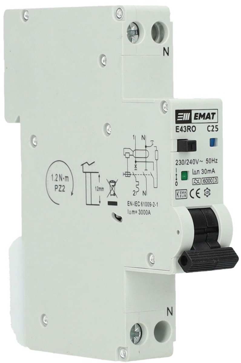 EMAT aardlekautomaat C25 1P+N 30mA type A 6kA spanningsonafhankelijk