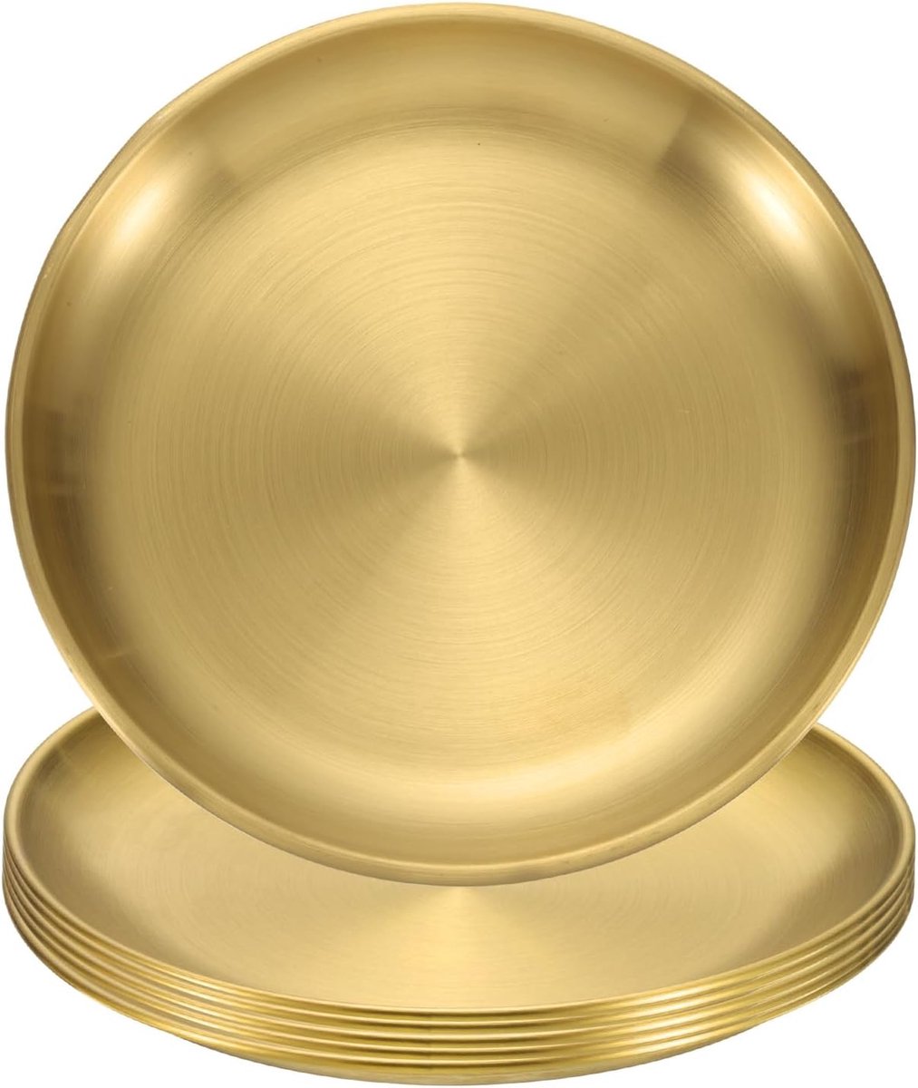 6 stuks roestvrijstalen eetborden, 17 cm, ronde serveerborden, set platte metalen eetborden voor restaurants, keuken, dessert, salade, eten, outdoor, camping, goud