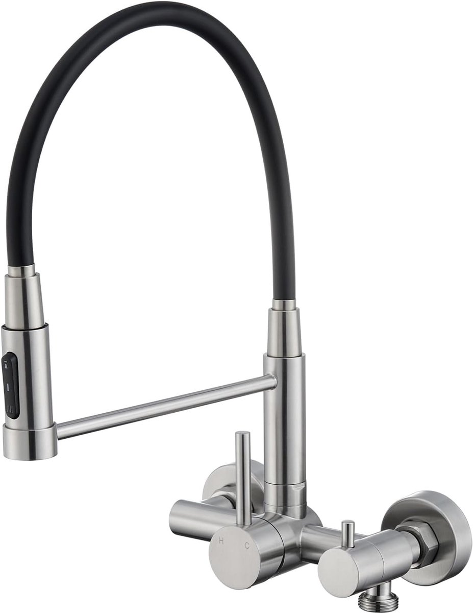 Keukenkraan voor wandmontage met 3/4 inch aansluiting, keukenarmatuur voor vaatwasser/wasmachine, wandarmatuur met 3 straalsoorten, 360° draaibare flexibele uitloop, geborsteld