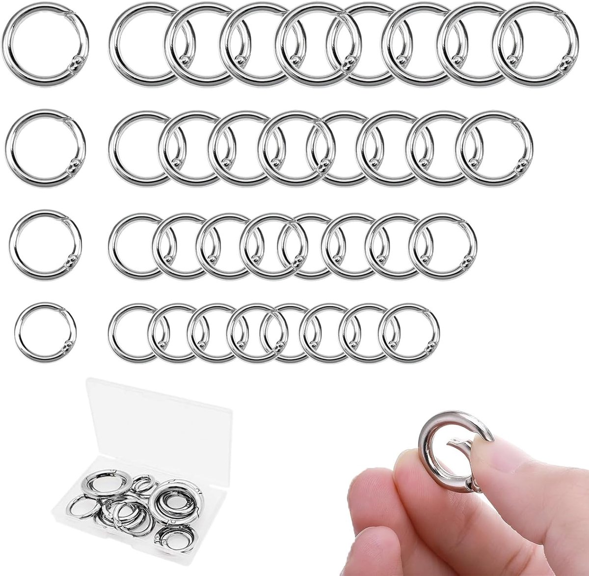 40 stuks ronde karabijnhaken, 20 mm, 23 mm, 25 mm, 32 mm, sleutelhangers klein, mini-sleutelring, ringkarabijnhaak voor sleutels, rugzakhangers, portemonnee, handtas en doe-het-zelf