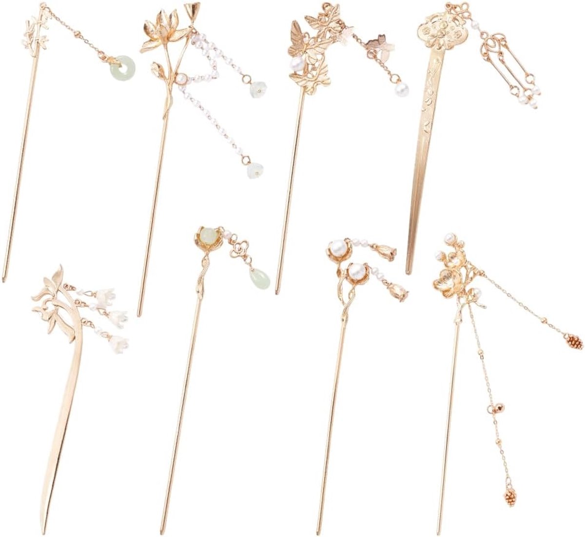 8 stuks retro vintage Aziatische Japanse goud metalen lange haarspelden pennen met parel jade Tassels hanger Chinese Hanfu-haar eetstokjes picks bun vorken houder haarstokjes (set A)