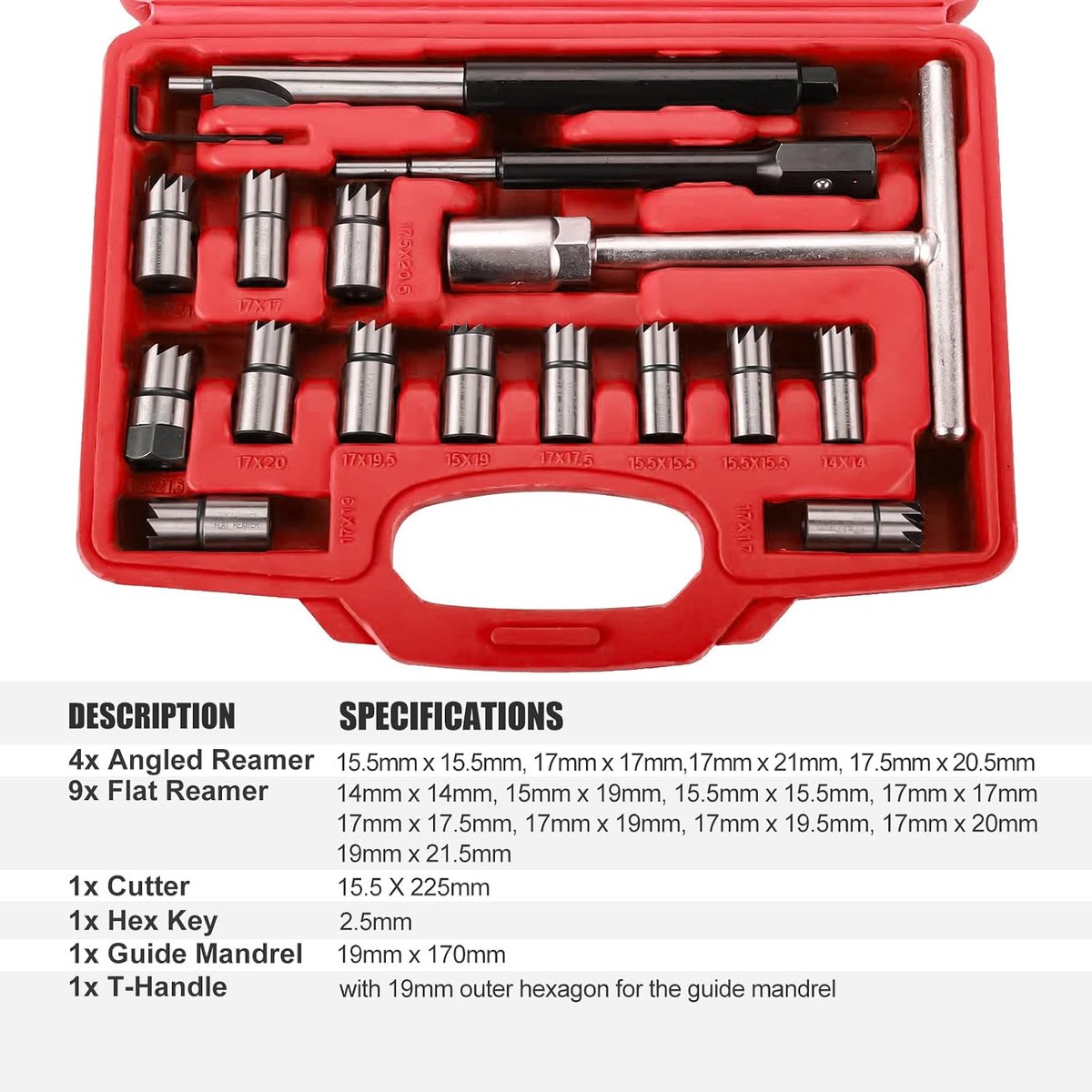17-delige injectorfreesset, diesel injectorstoel, frees-injectorset, 17 mm, 19 mm