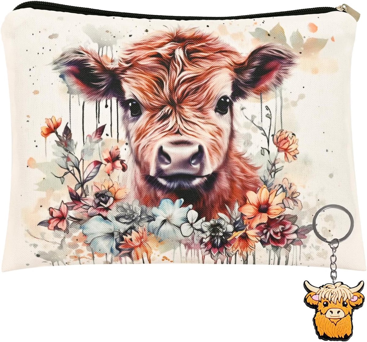 Cow cosmetische tas met sleutelhanger, make-uptasje met koeienpatroon, cadeau voor vrouwen - verjaardag, Valentijn, jubileum