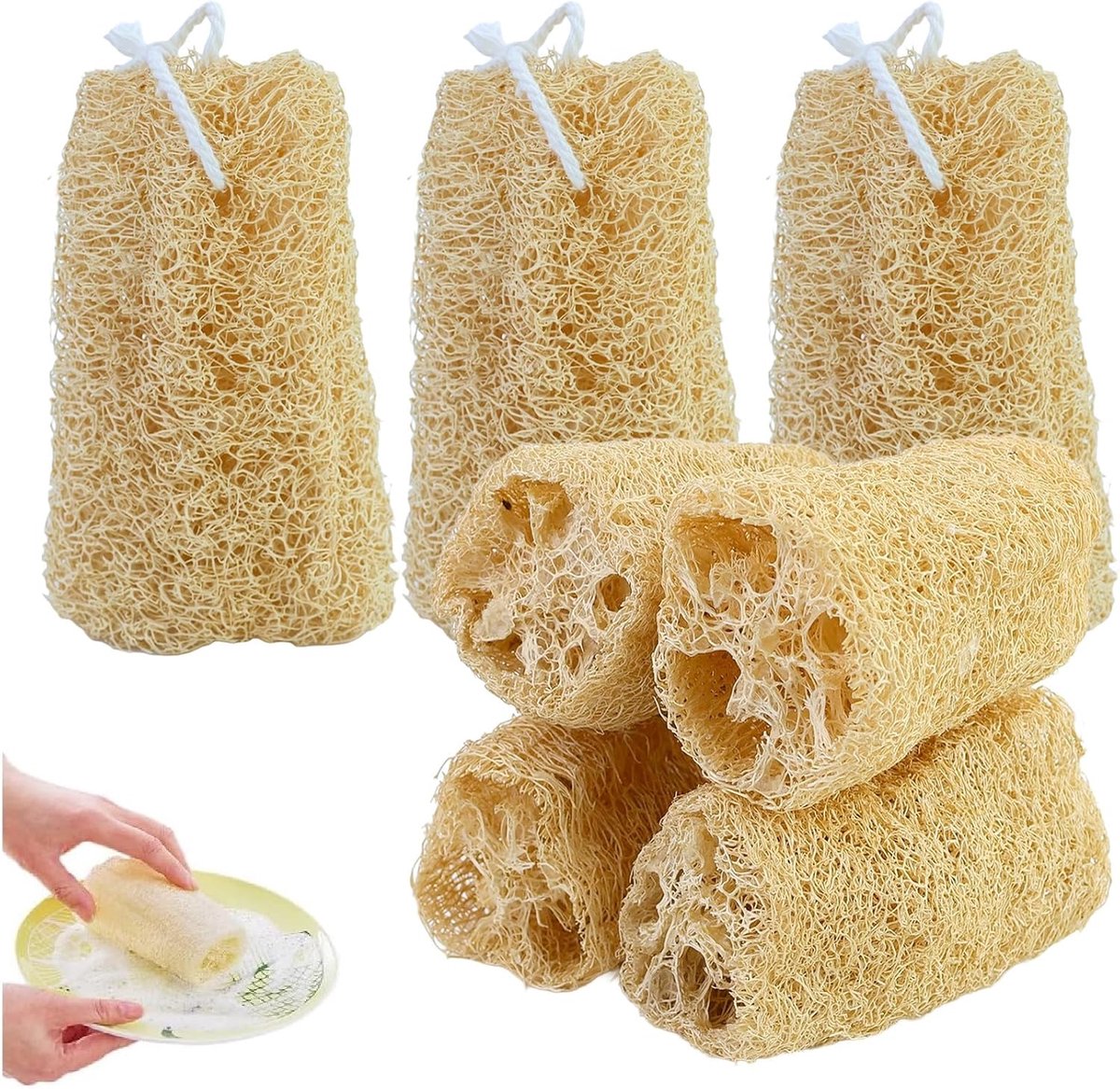Set van 7 natuurlijke luffa-sponzen van komkommer, 10 cm, biologisch afbreekbare luffa-peeling, perfect voor lichaamsverzorging, keuken, badkamer en loofah-zeep
