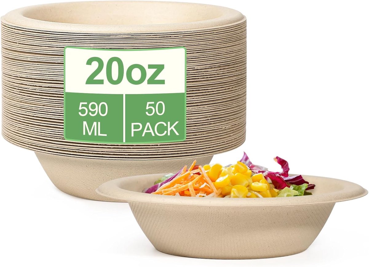 50 stuks Pappschalen Einwegsoepschalen 590ML uit suikerbuis Einweggerei Suppenbord Einwegsoepschalen Schalen Bio Soepschaal Rond Wit Compostierbaar