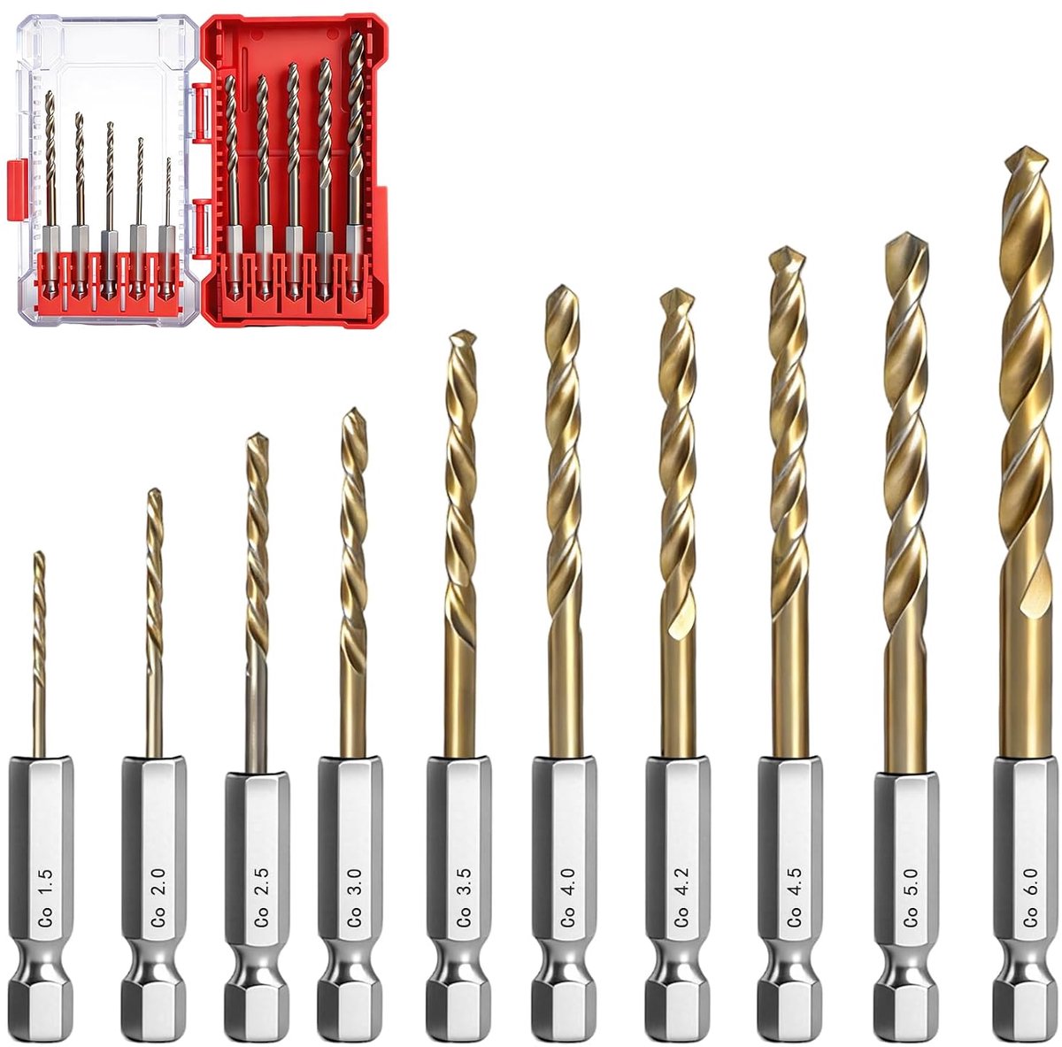 borenset, 10-delig, metaalboor, 1,5-6,0 mm, boorset in opbergdoos, zeskantige schacht, snelboorkronen voor metaal, roestvrij staal, hardmetalen en staal