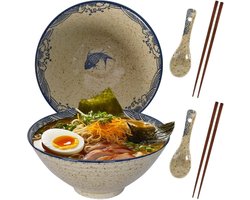 Kommen, 1200 ml, met eetstokjes en lepels, vintage Japanse kom, 20 x 20 x 8,5 cm, keramische kom voor ramen, salade, muesli, pasta (beige)