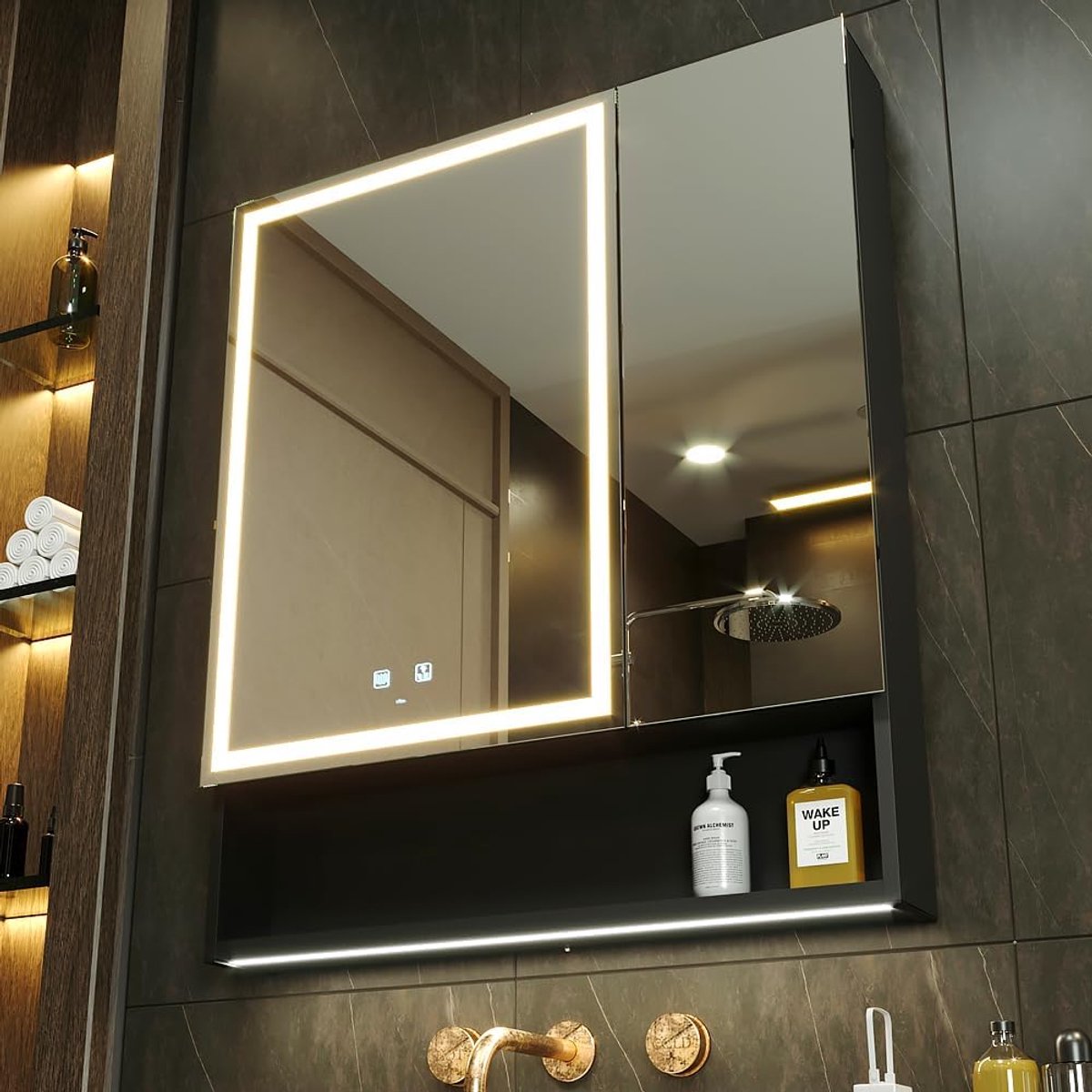SnelShoppen - KWW Led-verlichting voor Badkamer Apothekerkast met Spiegel, Kleurtemperatuur Instelbaar, Anti-condens, Stopcontact en USB, Apothekenkas