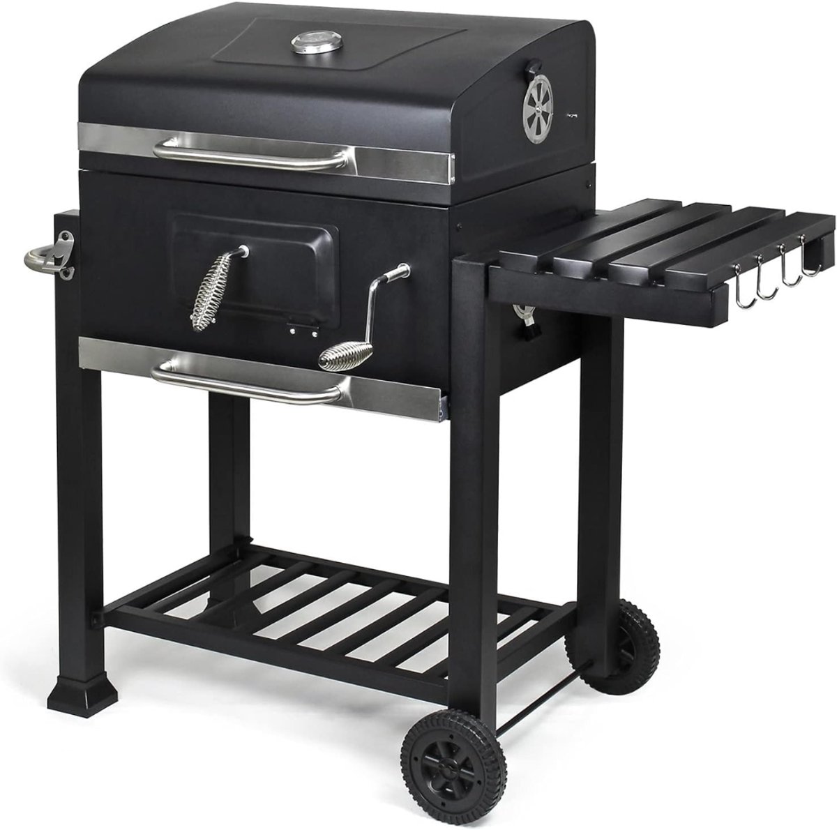 Lìon® BBQ Houtskool - Houtskool BBQ Met Plank en Rookafvoer - Barbecuewagen Met Deksel - Zwart - 48cm x 119cm x 107cm