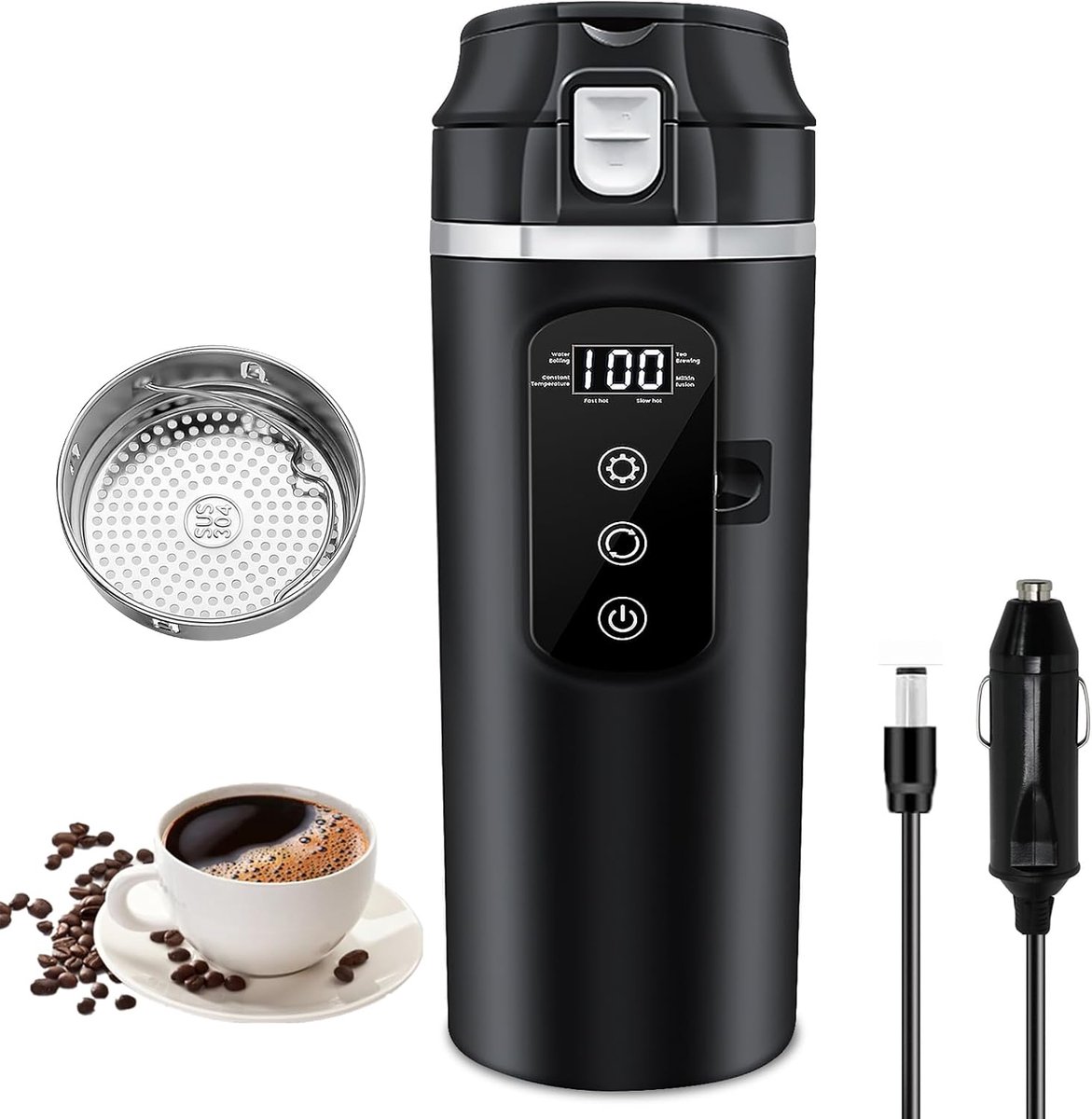 Elektrische waterkoker 12V/24V - mini roestvrij staal - LCD-display - ideaal voor onderweg - SnelShoppen