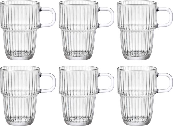 Ensemble de six tasses à anses transparentes avec côtes verticales. Les tasses sont empilables.