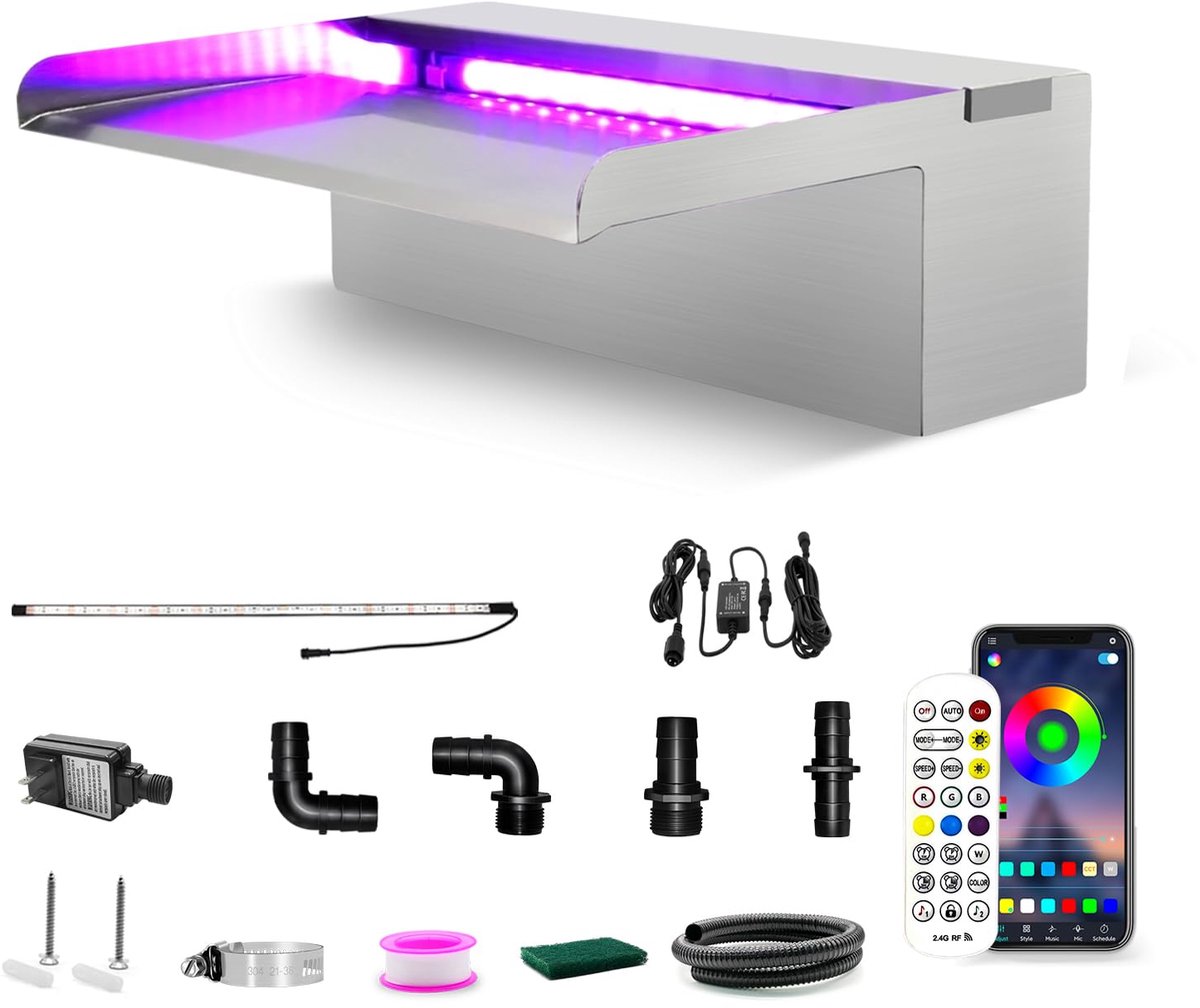 SnelShoppen - Roestvrijstalen Waterval Overlaat met App-besturing - Multi-kleur LED-licht Buitenzwembadfontein - Water Spillway voor Koi Vijver en Tui