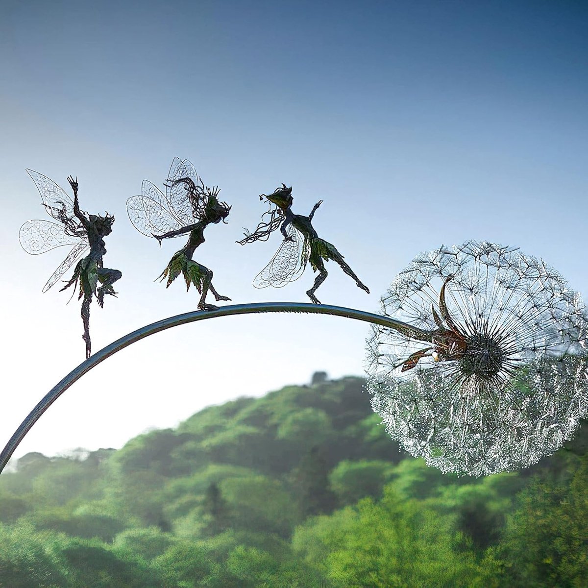Fairy Bloom Tuindecoratie, feeën en paardenbloem dansen samen, van metaal, mythische feeëntuin, (A)