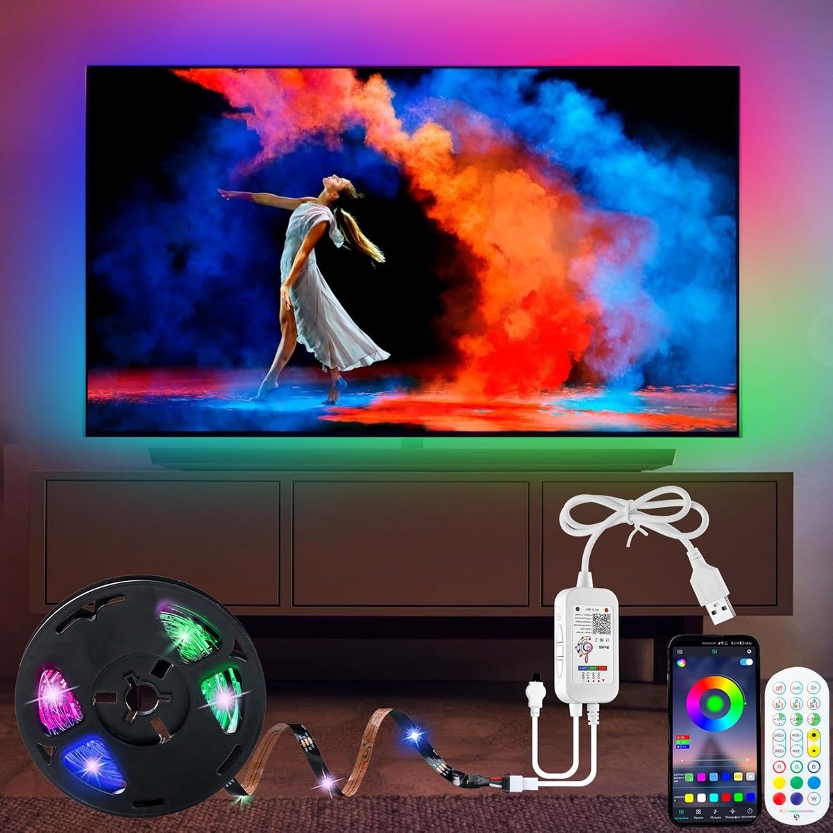 LED-strip 5m, LED-tv-achtergrondverlichting Synchroniseren met Muziek, Ingebouwde IC LED Dreamcolor Chasing Effect bestuurbaar met app en afstandsbediening, USB, voor tv, pc, decoratie, feest