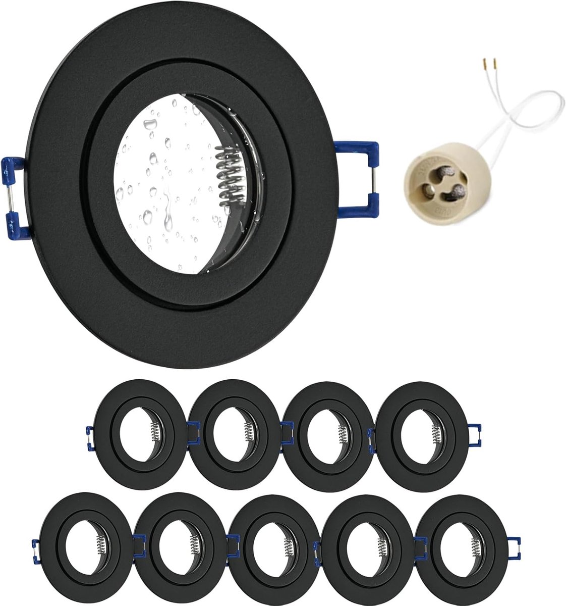 10 x led-inbouwspot, 230 V, IP44, frame met GU10-fitting, plafondspots van aluminium, zwart, rond, plat, spots, badkamer, inbouwframe, 68 mm, voor buiten, binnen