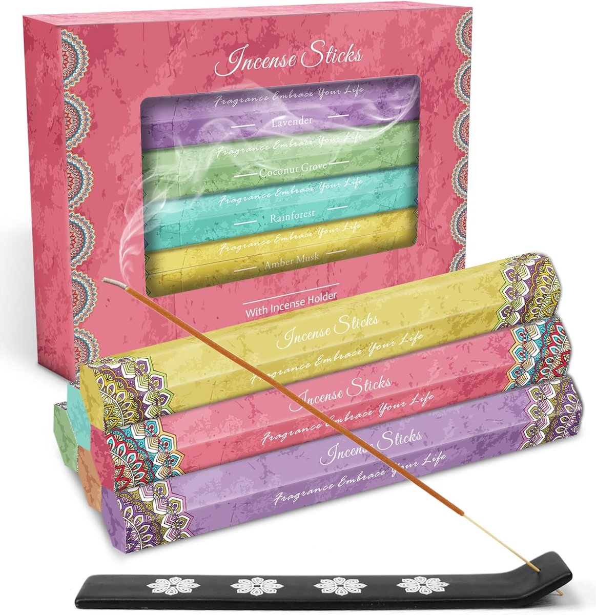 Wierookstokjes, multipack, 120 stokjes, met houder, 6 geuren, wierookstokset voor Kerstmis, kerk, yoga, bruiloft, meditatie