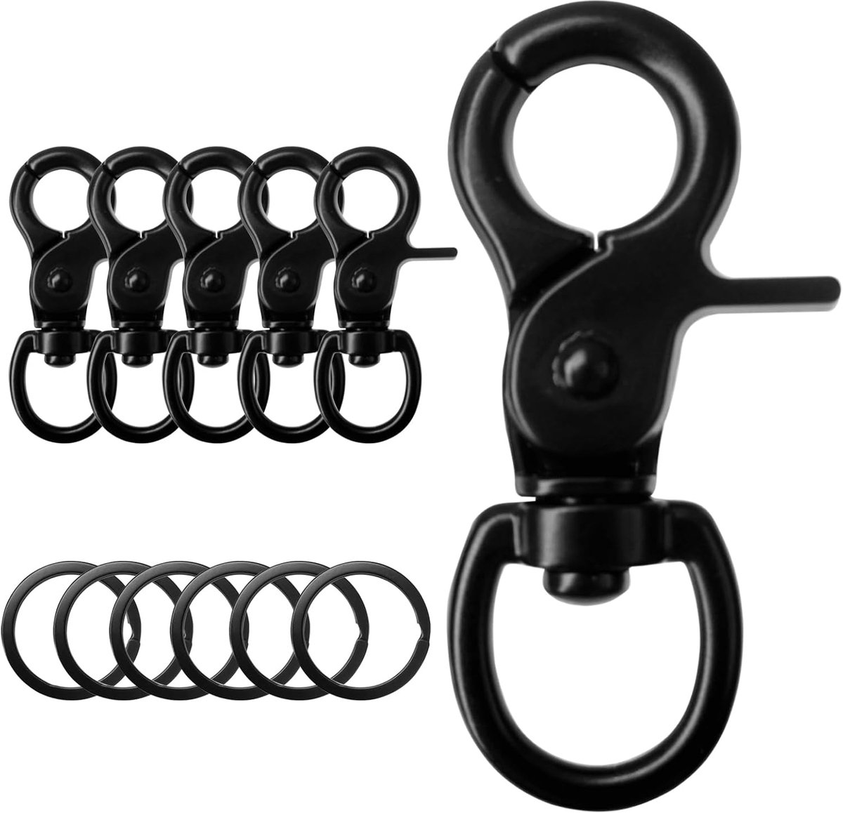 6 stuks zwarte draaibare haken 60 mm van zinklegering en 6 stuks sleutelhangers, draaibare karabijnhaak met sleutelhanger voor sleutelringen, katten en honden