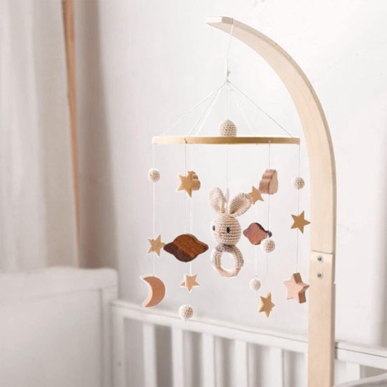 Mobiele babybed, windspel, wolken en kleine haas, hangend, hout, mobiele babykinderkamer, hangende bedbel, cadeau voor baby's, meisjes of jongens, rammelspeelgoed (B) — afbeelding 3