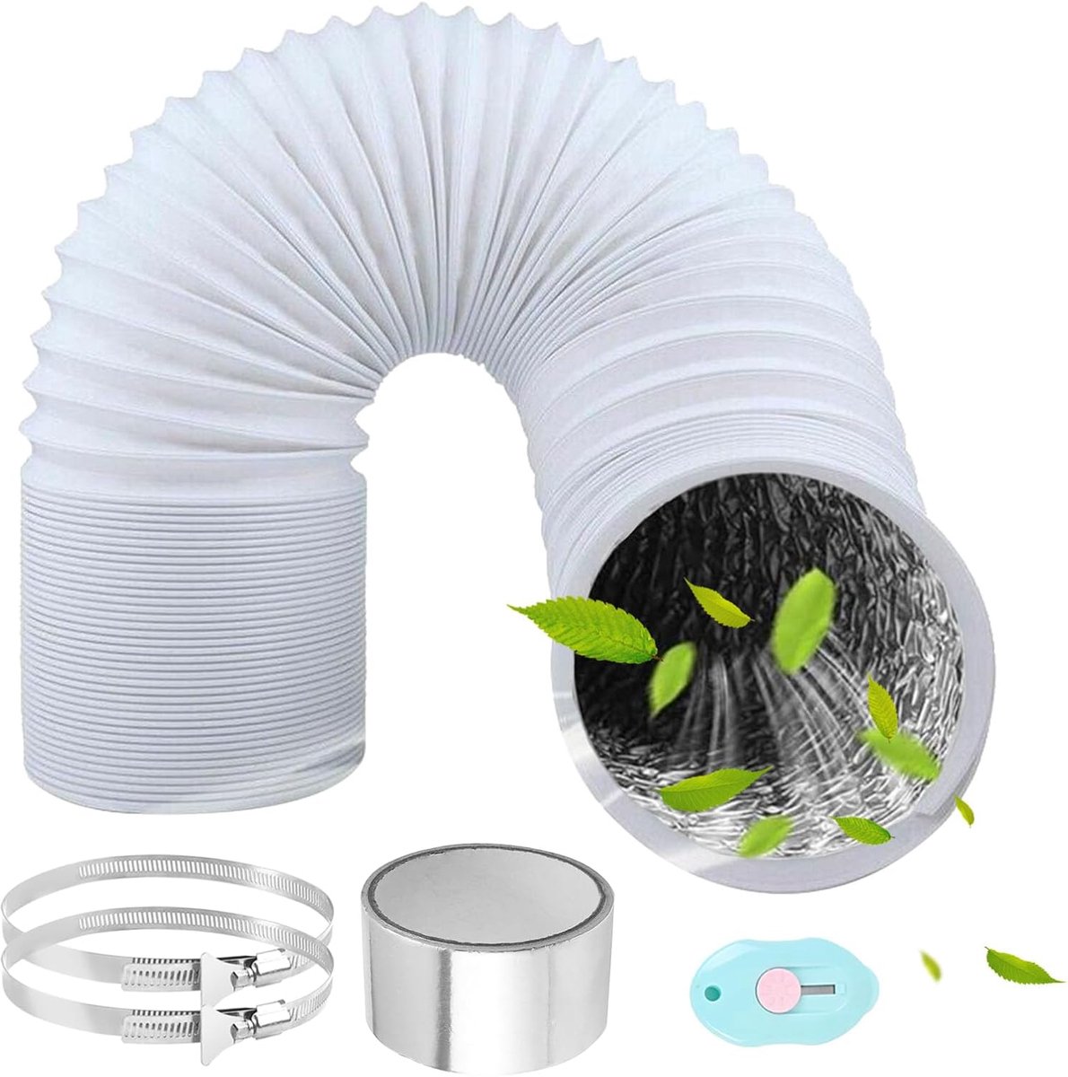 100mm 6m PVC Flexibele Aluminium Pijpslang Aluminium Aluflex Slang met 2 RVS Slangklemmen en Aluminiumfolie Tape voor Airconditioners Wasdroger Afzuigkap (Wit)
