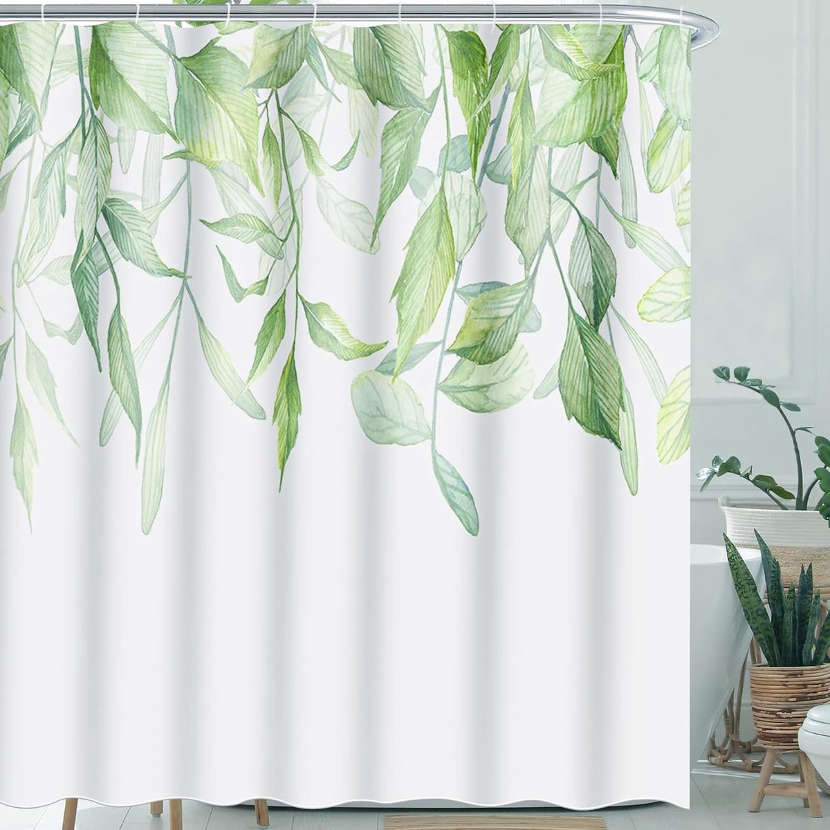 Douchegordijn, 200 x 200 cm, groen bladerdesign, waterdicht, anti-schimmel, sneldrogend, wasbaar, van polyester, voor douchegordijn, bad en douche, met 12 ringen
