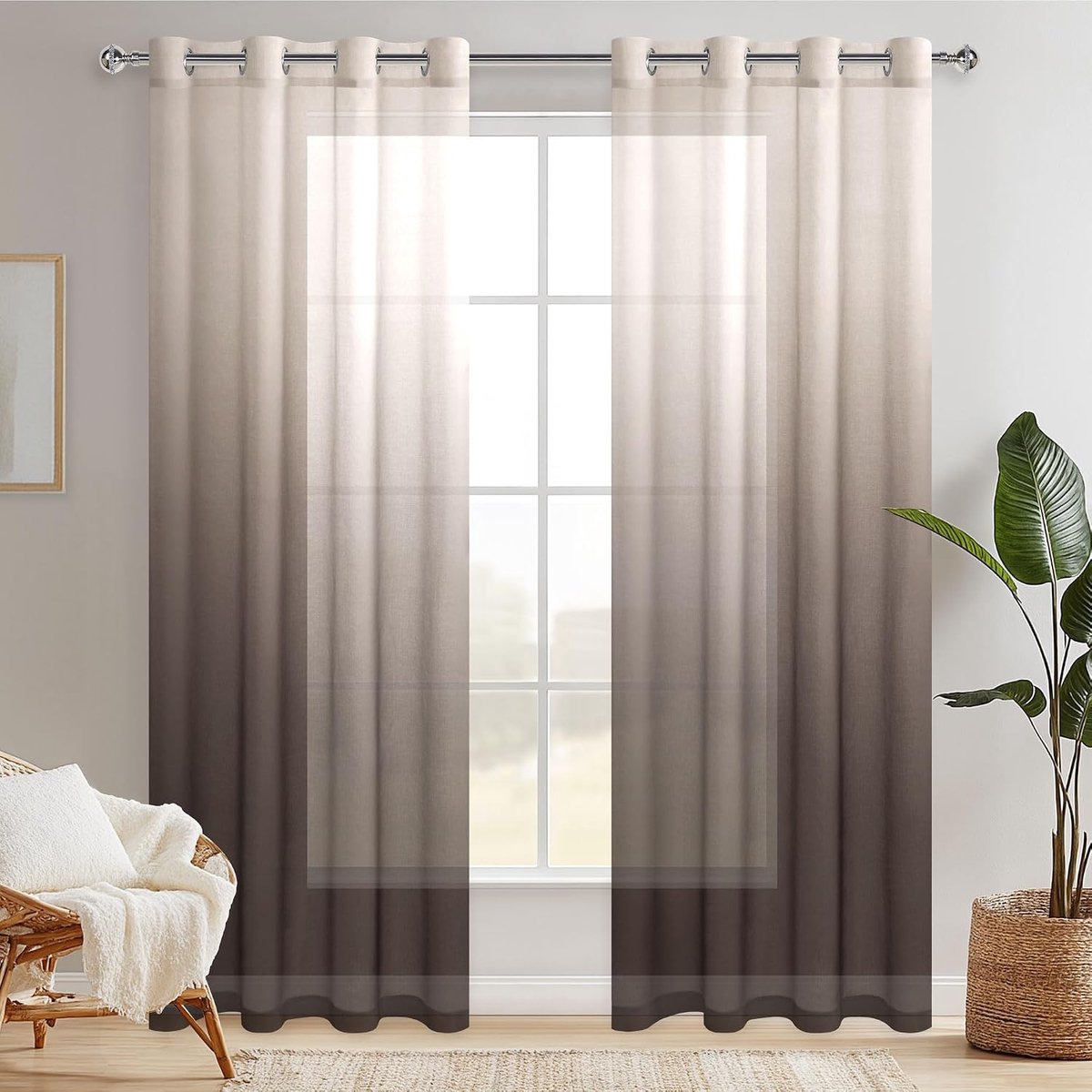 set van 2 voile-gordijnen met oogjes, van polyester met kleurverloop, semi-transparant voile, decoratie voor woonkamer, slaapkamer, kantoor, 140 x 225 cm (l x h), koffiebruin