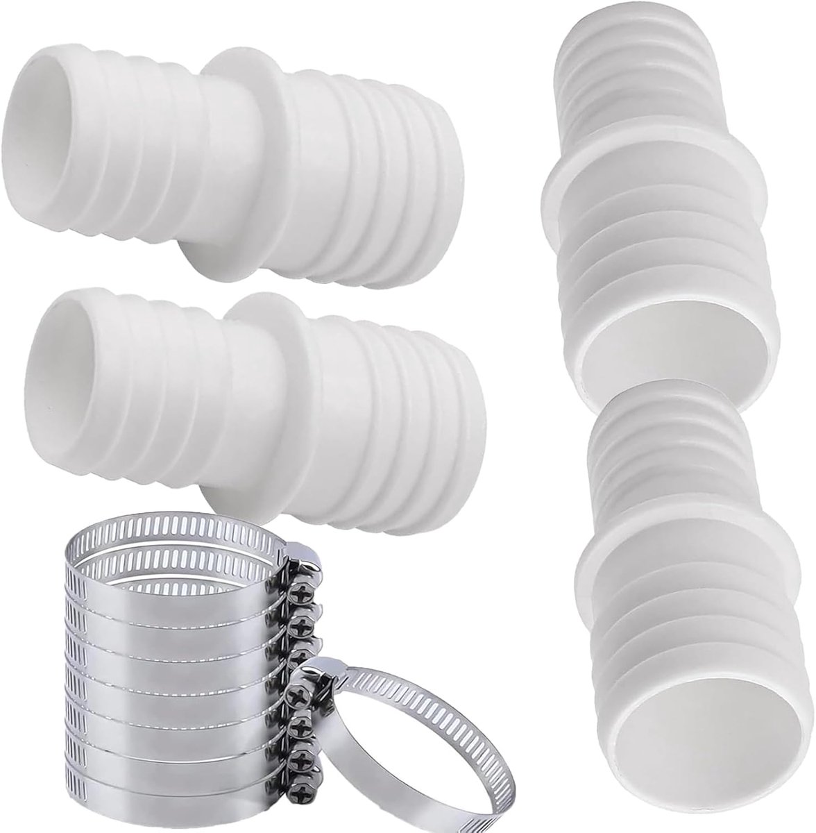 4-delige set slangaansluitingen 32 mm naar 38 mm Ø + 8-delige slangklemmen, zwembad slangadapter, zwembad slangaansluiting, zwembadslangaansluiting 32 mm, dubbele slangkoppeling set voor het