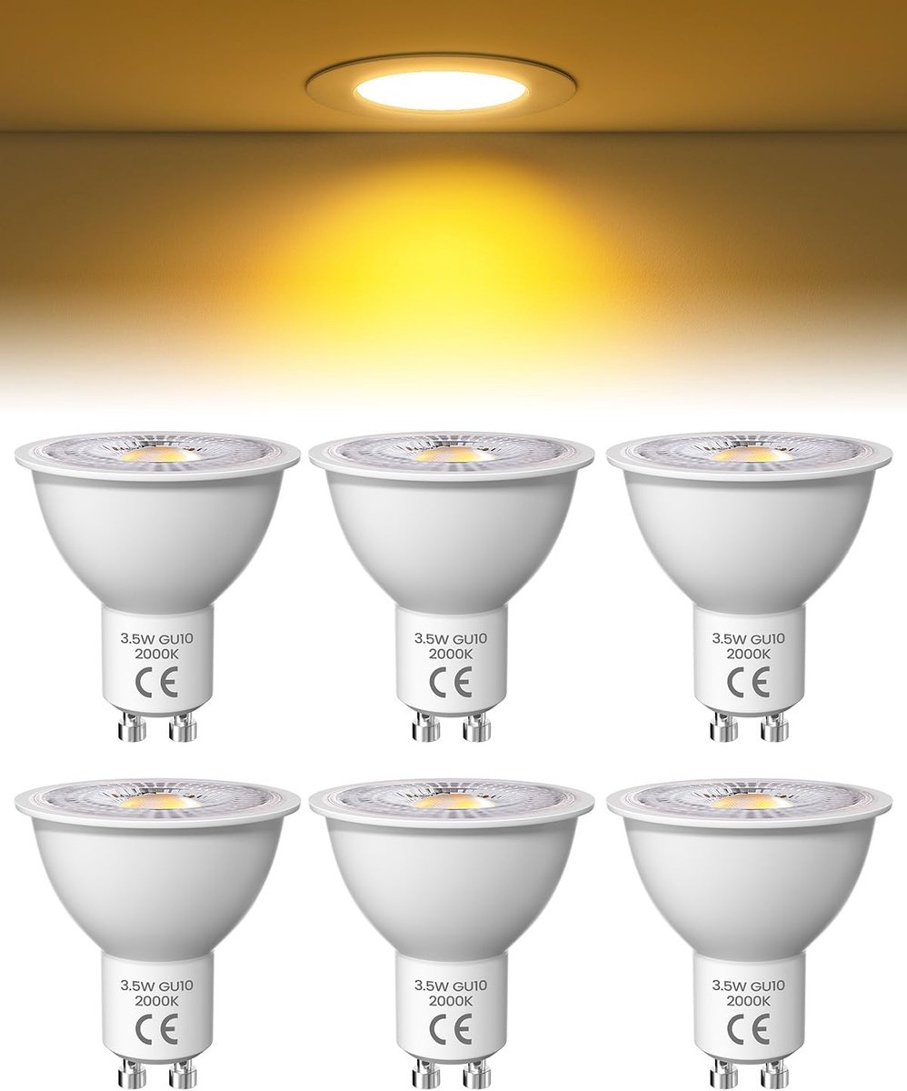 GU10, warm wit, 2000 K, 3,5 W (komt overeen met 50 W), 36 graden stralingshoek, niet dimbaar, AC 220 V, GU10 ledlampen voor woonkamerspot, keuken, wandlamp, 6 stuks