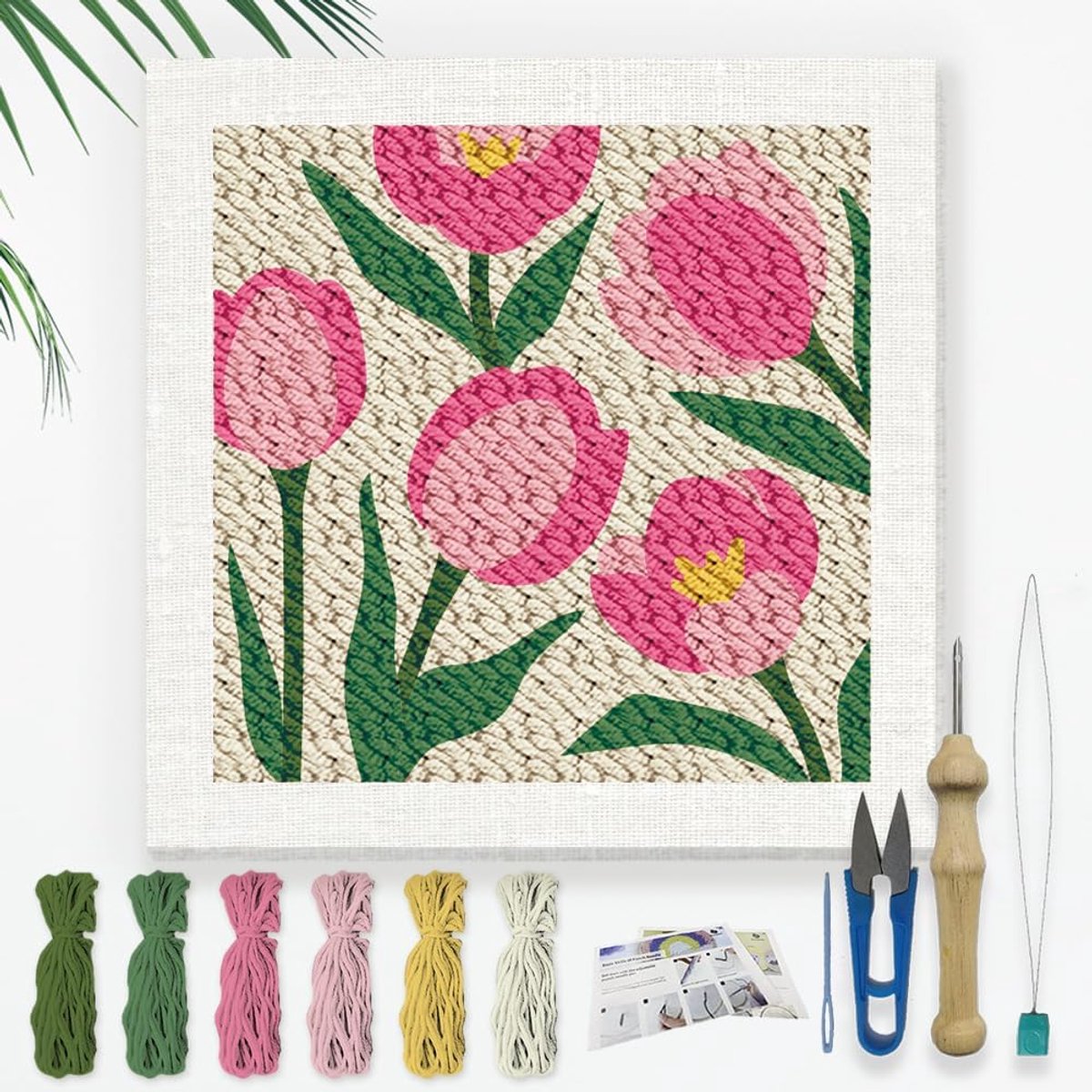 Tulpen borduurset om zelf te maken met punch naald voor volwassenen en beginners 24 cm bloemen punch stiksels knutselset voor beginners met frame stofpatroon inrijger garen punchnaald