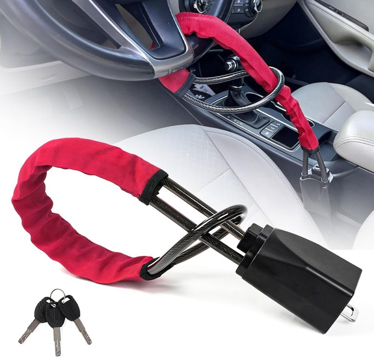 KZQ Universele stuurwielklem voor auto en camper - Dikke stalen kabel met 3 beveiligingssleutels - Antidiefstal immobiliser voor extra veiligheid - Rood