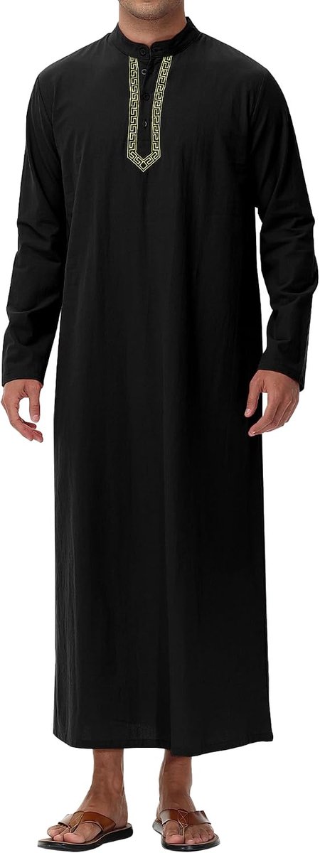 Moslim Qamis Heren Lange Mouwen Djellaba Marokkaanse Abaya Kaftan Jurk Knop Poot Mao Kraag