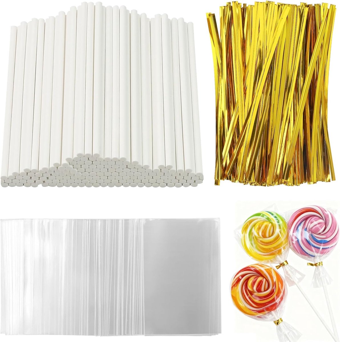 600 stuks cakepopstokjes, lollystengels, cake pops, standaard | 200 stuks 10 cm × 3,5 mm papieren cakepopstokjes, 200 snoepzakjes, 200 stuks gouden twist linten voor lolly's, snoep, koekjes