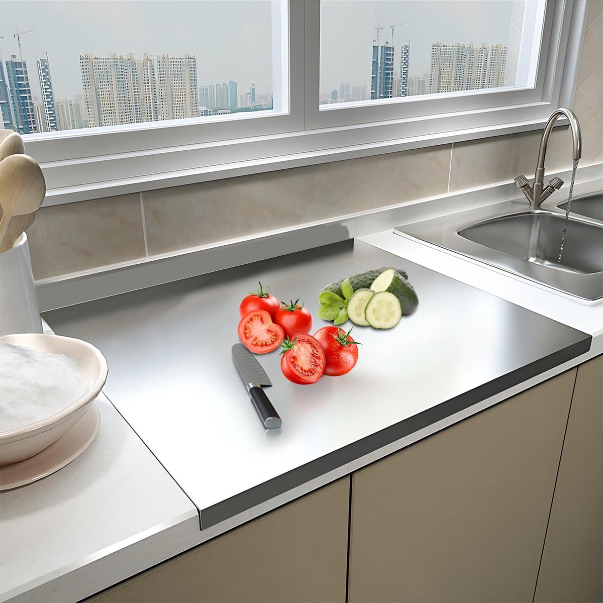 snijplank van roestvrij staal 60 x 50 x 0,15 cm Dubbelzijdig snijplank met aanslagrand Antislip snijplank Keukenwerkblad voor vlees, fruit, groenten, brood en bakken