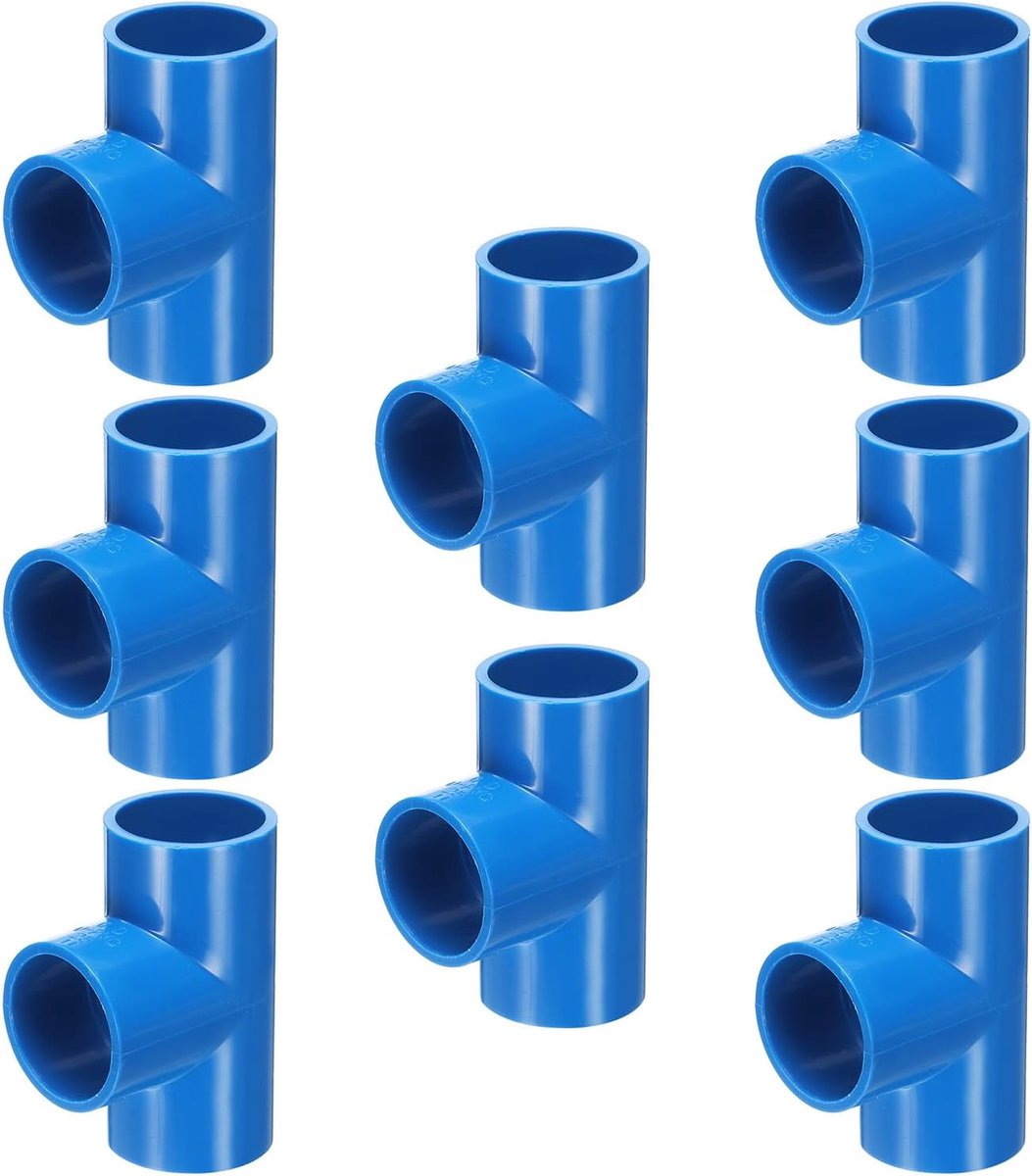 8 stuks T-stuk pvc-verbindingsstuk, 1 inch, 3-weg aansluiting voor meubelbouw, buiskoppeling, elleboogarmaturen voor hydraulische buizen, water, tuin, blauw