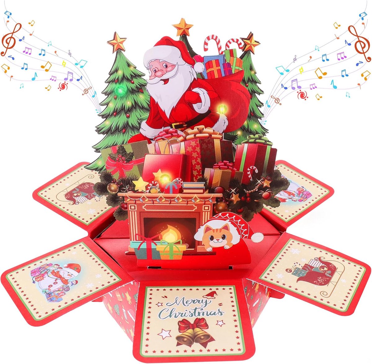 kerstkaart met muziek en licht - 3D cadeaukaart met envelop - Ideaal als kerstcadeau voor vrouwen, mannen, kinderen