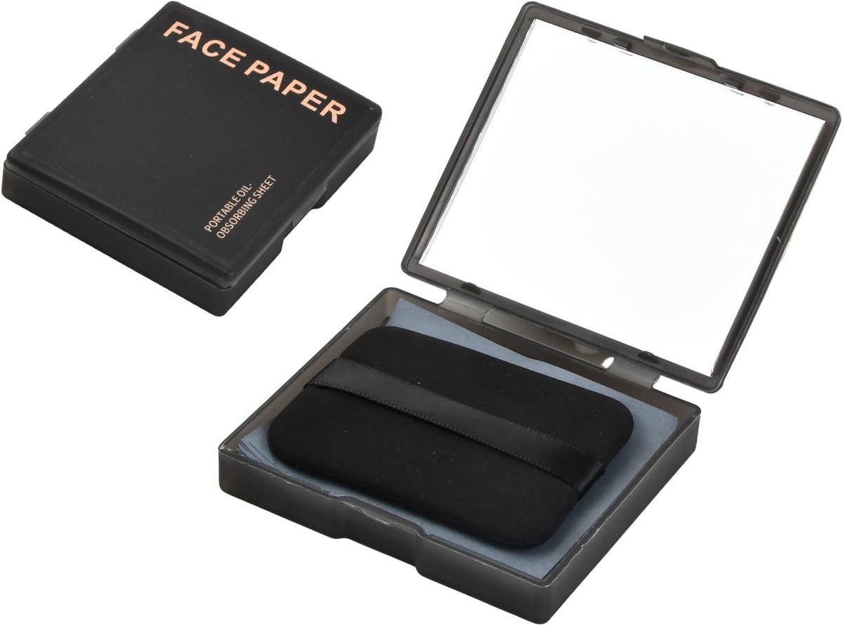 Vloeipapier, set met spiegel en poederkwast, vloeipapier voor vette huidverzorging, blotting-papier, olie-absorberende vellen, olie-vloeipapier, gezichtsolie blotting papers