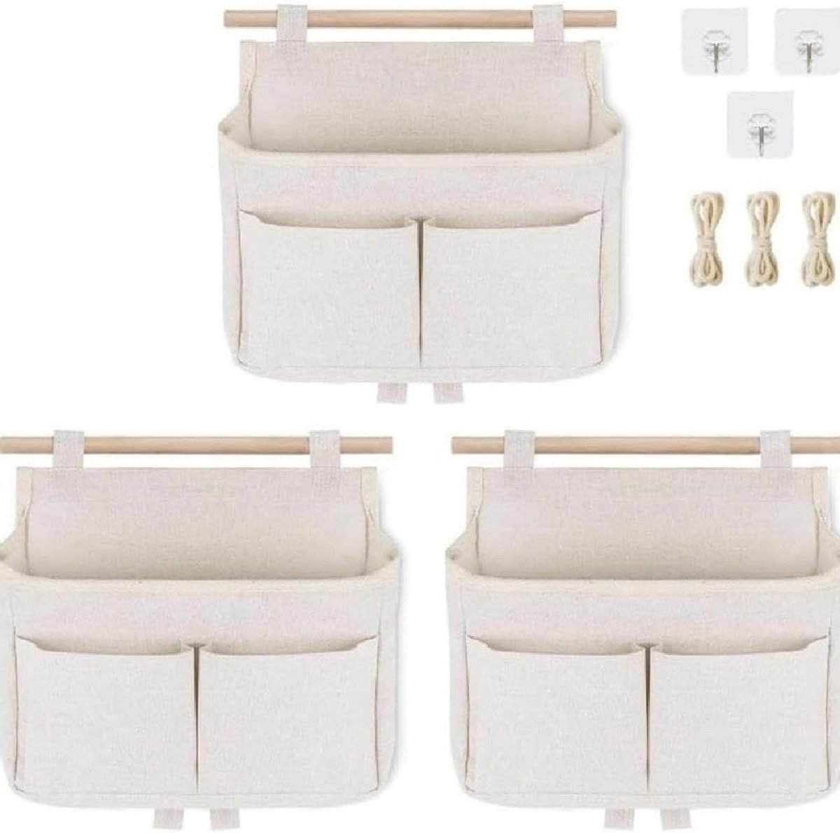 1 set met 3 opbergzakken van katoen en linnen, hangende opbergzakken achter de deur, opbergzak voor de muur, geschikt voor speelgoed, kleding, kleine onderdelen enz.