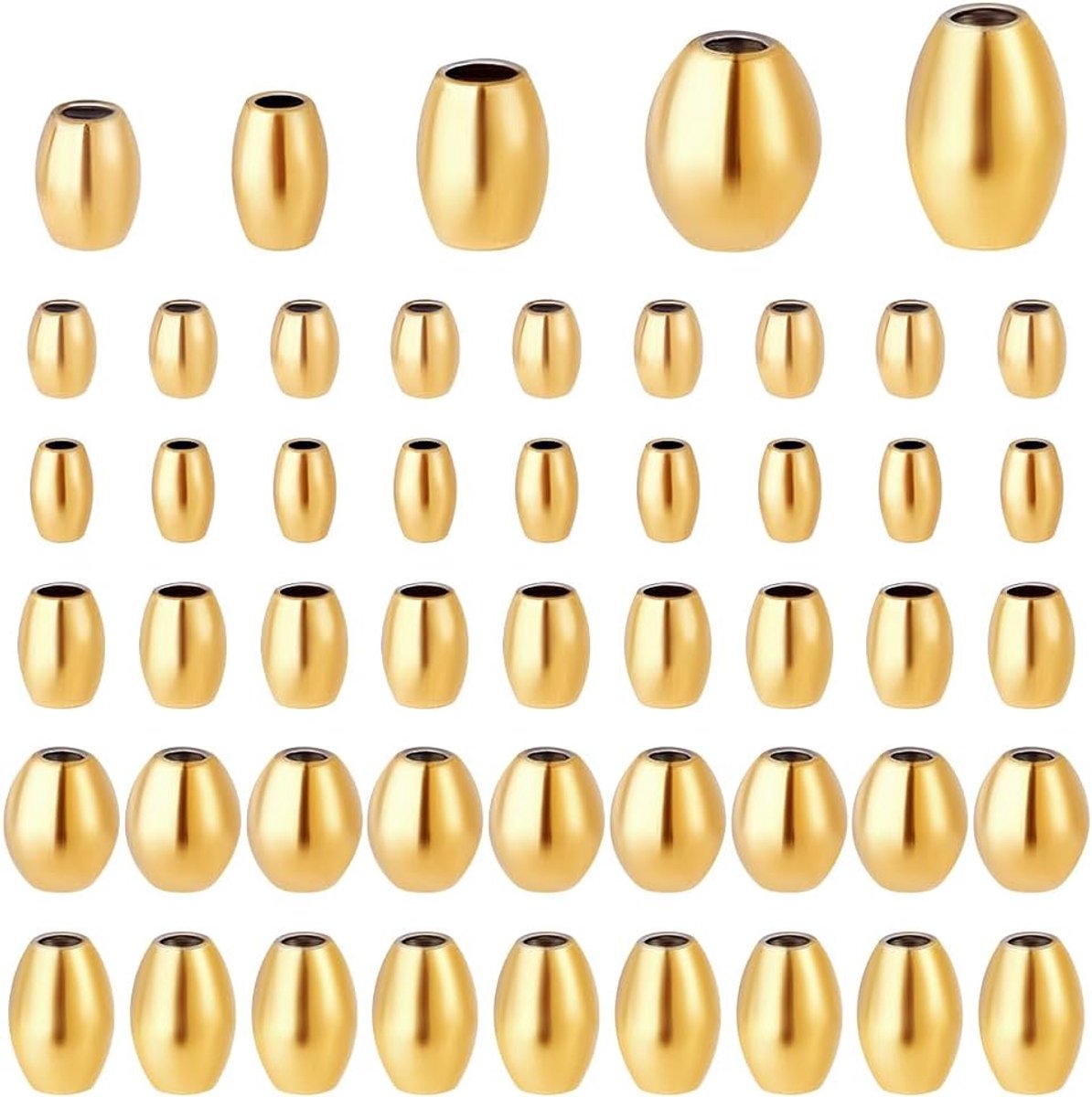PandaHall 170 stuks roestvrijstalen afstandskralen, 5 maten, gouden metalen kralen, Europese kralen, ovale losse bedelkralen, metalen kralen voor kettingen, armbanden, sleutelhangers, doe-het-zelf