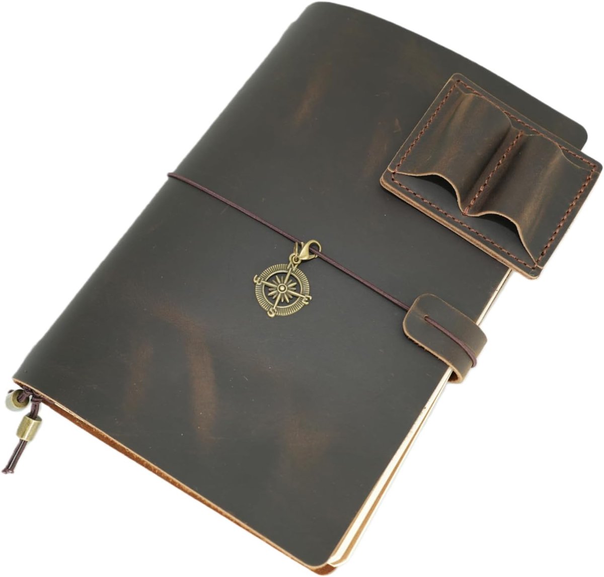Leren A5 21 * 14CM Reizigers Notitieboek Handgemaakte Echt Leren Journal Cover Navulbare Reisjournal Cover met Binnenzakken en Kaarthouders en Pen Houder DonkerBruin